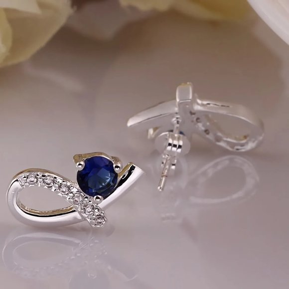 Small & Cute Sapphire and Loop Stud Earrings, 925 Sterling Silver - Picture 4 of 6